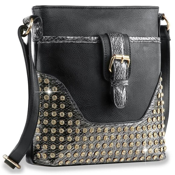 Black Rhinestone Crossbody Sling Medium Crossbody Bag Cell Phone Purse Handbag - Picture 2 of 2